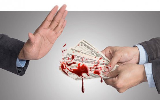 Hand rejecting bloody banknotes