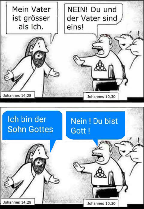 Cartoon: Trinitarier versuchen Jesus zu überzeugen, dass er sein eigener Vater sei